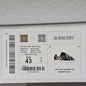 $950- Burberry Check Knit Low Top Sneakers Men's 43/10US Black/White Lace Up
